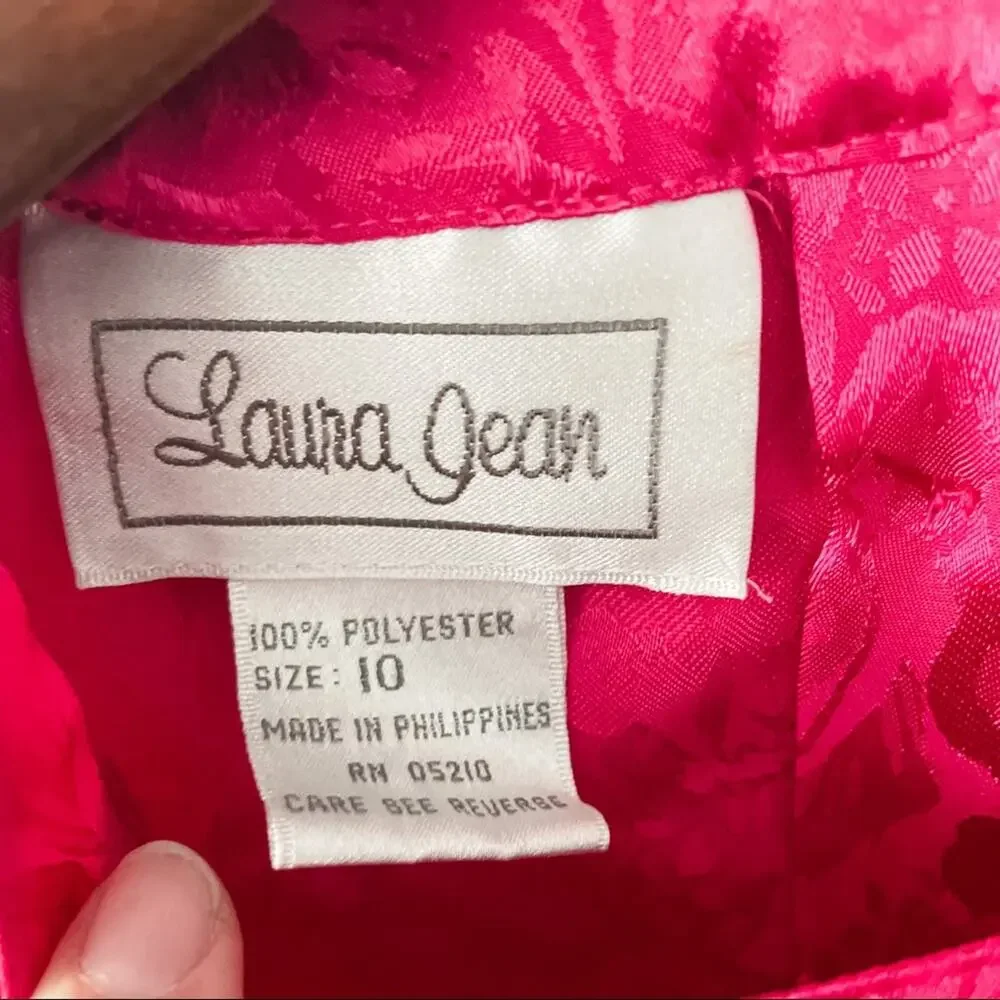 Laura Jean vintage Hot Pink Floral Embossed Back Button Secretary Blouse size 10